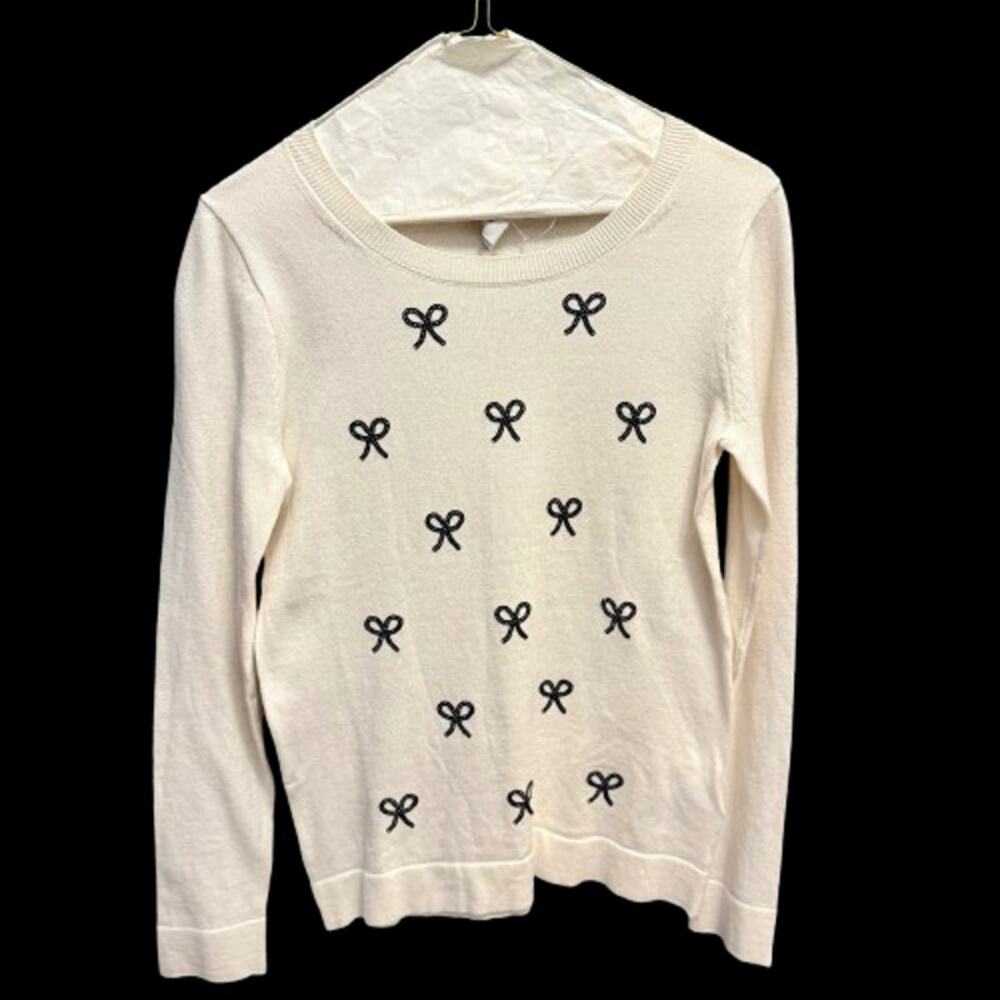 J Crew Ivory Sequin Bows Teddie Pullover Sweater Size XS